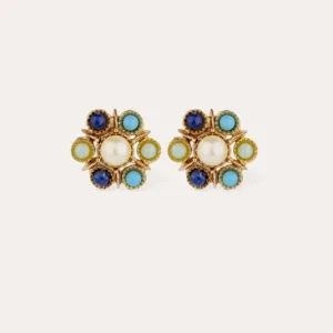 Boucles d'oreilles Augusta dorées - Lapis, Turquoise & Amazonite
